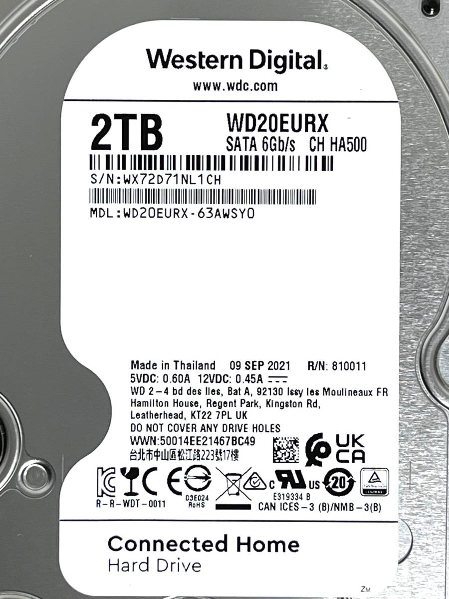 【送料無料】★ 2TB ★ Western Digital / WD20EURX【使用時間：4 ｈ】2021年製 新品同様　AVコマンド対応　WD 3.5インチ内蔵HDD/SATA600