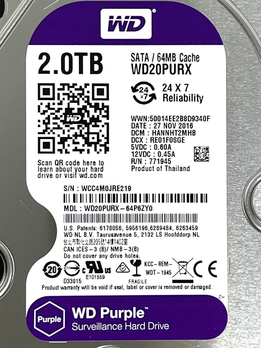 【送料無料】　★ 2TB ★　WD Purple / WD20PURX 【使用時間：11 ｈ】2016年製　新品同様 3.5インチ内蔵HDD　Western Digital Purple　SATA