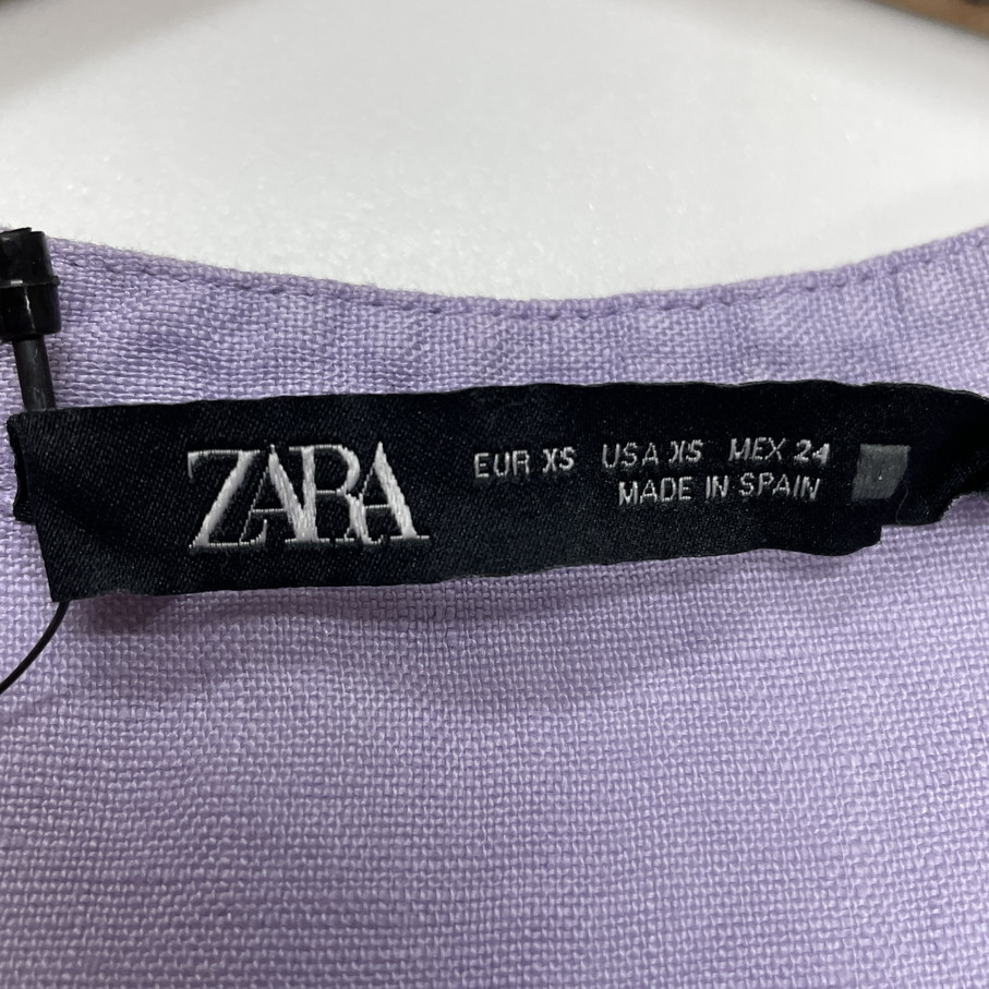 未使用品 /XS/ ZARA パープル ポケットリネンシャツ レディース タグ カジュアル トップス 通勤 フェミニン 大人可愛い紫 デイリー ザラ