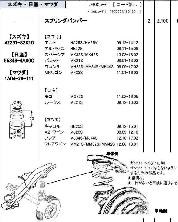 ワゴンR☆MH23S/MH34S/MH44S　リヤスプリングダンパー2個セット　即納OK　モコ/ルークス/スペーシア/MRワゴン等_画像2