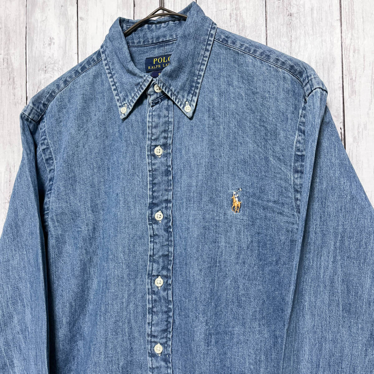 ラルフローレン Ralph Lauren SLIM FIT デニムシャツ 薄手 長袖シャツ メンズ ワンポイント コットン100% Sサイズ 5‐157_画像3