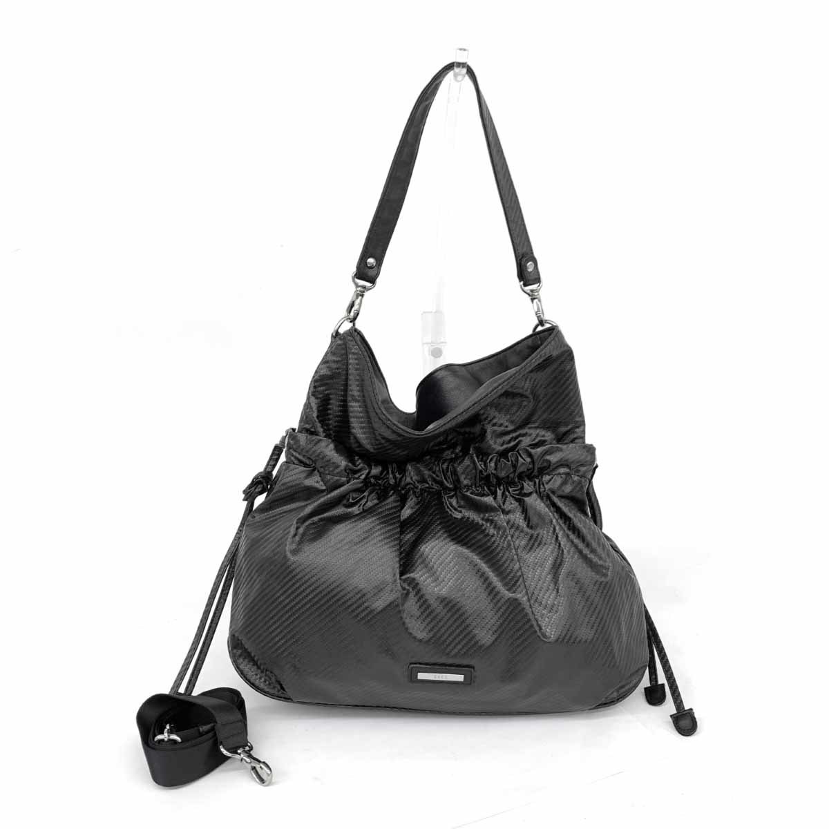 良好◆DAKS LONDON ダックスロンドン 2WAYバッグ◆ ブラック PVC×レザー 編み込みモチーフ柄 巾着 ドローストリング レディース bag 鞄