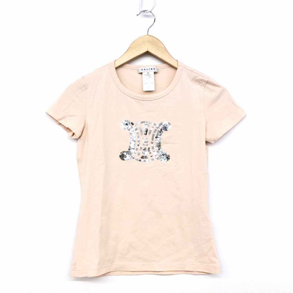 ◆CELINE セリーヌ 半袖Tシャツ サイズS◆ ピンク コットン レディース トップス マカダム スパンコール