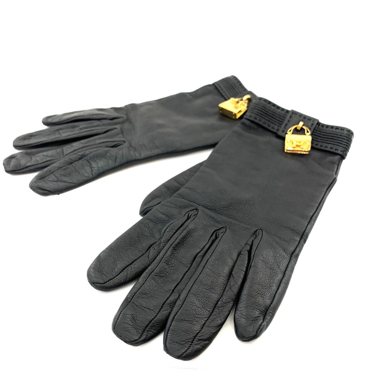 ◆HERMES エルメス レザーグローブ ◆ ブラック 革 バッグ型チャーム レディース ブランド 手袋 glove グローブ 服飾小物 KO1014