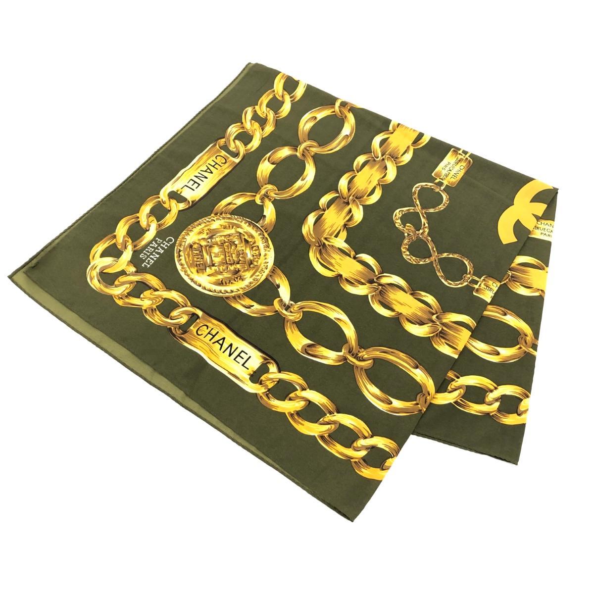 良好◆CHANEL シャネル スカーフ◆ グリーン シルク100％ チェーンデザイン レディース スカーフ カレ 絹 服飾小物_画像2