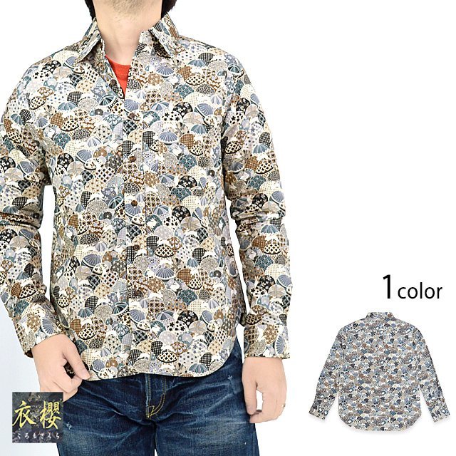 長袖レギュラーカラーシャツ「手鞠兎」◆衣櫻 アイボリーMサイズ SA-1594 和柄 和風 日本製 国産 総柄 うさぎ ウサギ
