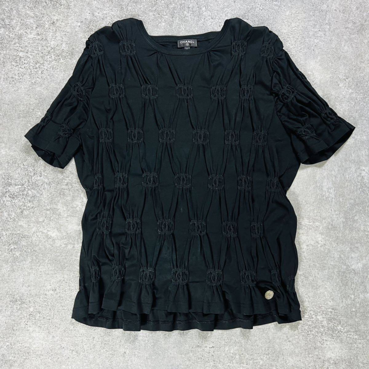 CHANEL シャネルココマーク総柄ギャザー半袖Tシャツブラック CHANEL シャネルココマーク総柄ギャザー半袖Tシャツブラック