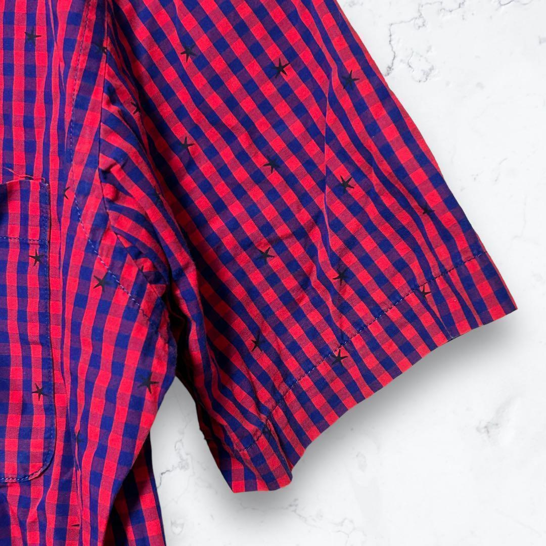 【UNIQLO】ユニクロ チェックシャツ(L)半袖 青×赤 星柄 カジュアル_画像2