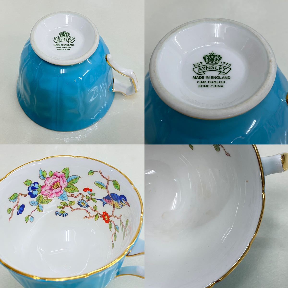 651 美品 Aynsley エインズレー Bone China Made England 英国製 白磁 陶磁器 カップ＆ソーサー 紅茶器 珈琲道具 草花鳥図柄紋様 _画像8