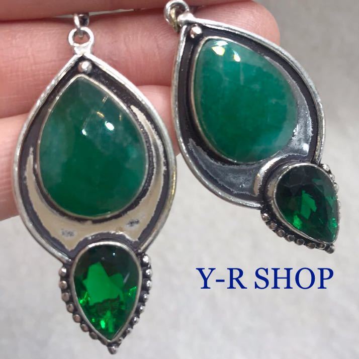  natural stone * emerald. antique style earrings * lady's silver 925 stamp color stone accessory ethnic India jewelry new goods Y-R