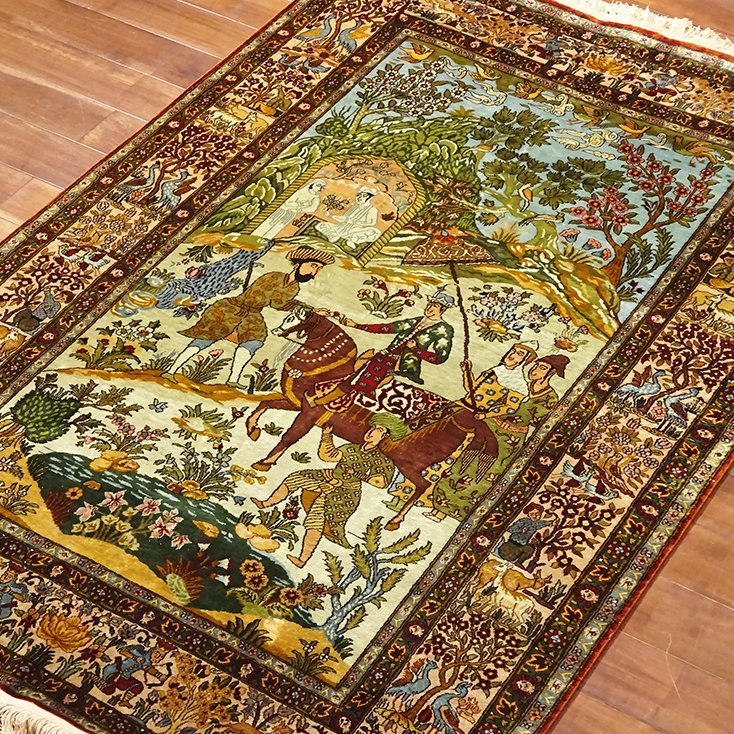 慶應◆悠久のイスラム芸術！ 高級ペルシャ絨毯 シルク100％総手織り 人物文様 207×140cm 美術調度品 7_画像1