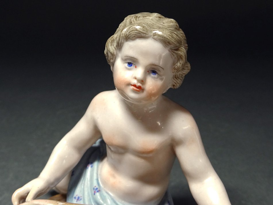 慶應◆19世紀後期頃【Meissen オールドマイセン】彩色磁器人形 貝をもつ少年少女のフィギュリン サリエール一対_画像2