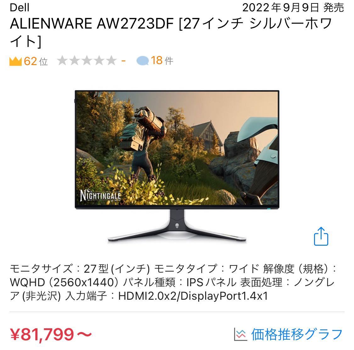 中古 DELL ALIENWARE AW2723DF [27インチ シルバーホワイト]【送料込み】_画像1