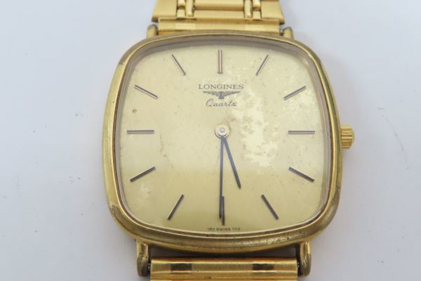 1016/mk/11.15 ◆LONGINES ロンジン 150 SWISS 7112 ゴールド文字盤 スクエア メンズ クォーツ腕時計 ジャンク（87099）_画像1