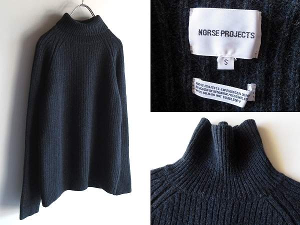 NORSE PROJECTS ノースプロジェクト 英国KNOLL社製糸使用 ウール ワイドリブ編 タートルネックニット セーター S ネイビー ポルトガル製