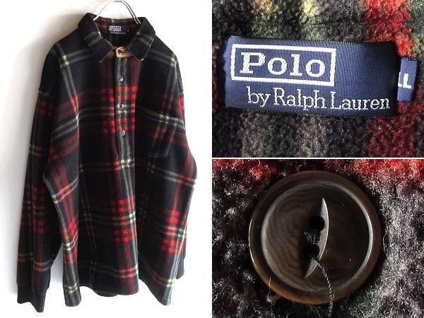  редкий 90s Vintage Polo by Ralph Lauren Ralph Lauren кошка глаз кнопка большой размер в клетку флис тянуть over рубашка LL чёрный красный большой размер 