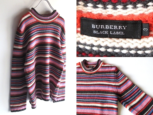 希少 BURBERRY BLACK LABEL バーバリーブラックレーベル ウール/シルク/アンゴラ/カシミヤ/ ロールハイネック マルチボーダー ニット 3