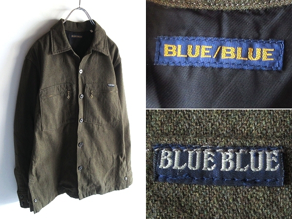 BLUE BLUE ブルーブルー ロゴピスネーム アンカーボタン ウールコットン ミリタリーシャツ ジャケット 2/M カーキオリーブ HRM ハリラン