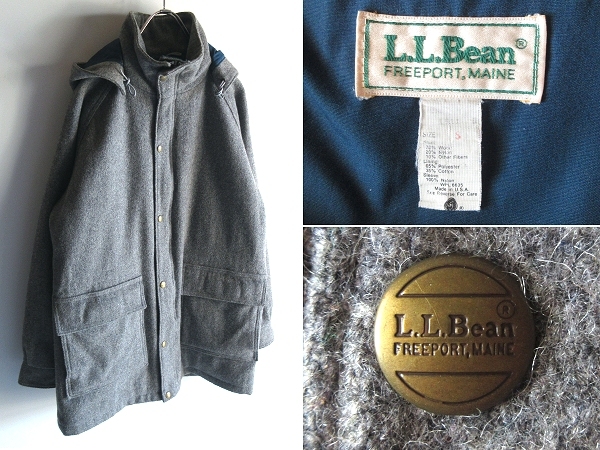 希少 80sビンテージ USA製 L.L.BEAN エルエルビーン フード取外可 2WAY ウールツイード マウンテンパーカー ジャケット コート S グレー_画像1