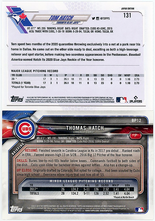 獲得!▲広島2024新来日外国人トーマス・ハッチTHOMAS HATCH/2021-2018年MLB RC&1st PROS 2種!_画像2