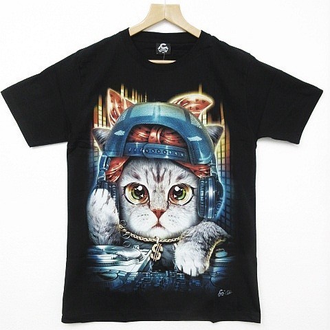 送料無(wú)料/新品 厚手生地 半袖Tシャツ ネコねこ貓 DJ ヒップホップ 蛍光ペイント 両面プリント黒 メンズXS レディースS 男女兼用■TB413