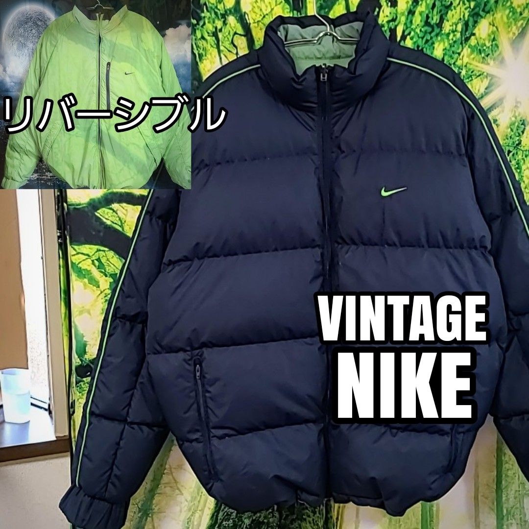 00s 00年代 ダウン75％ ナイキ NIKE ビンテージ 濃紺 ライムグリーン 刺繍 ダウンジャケット XL リバーシブル