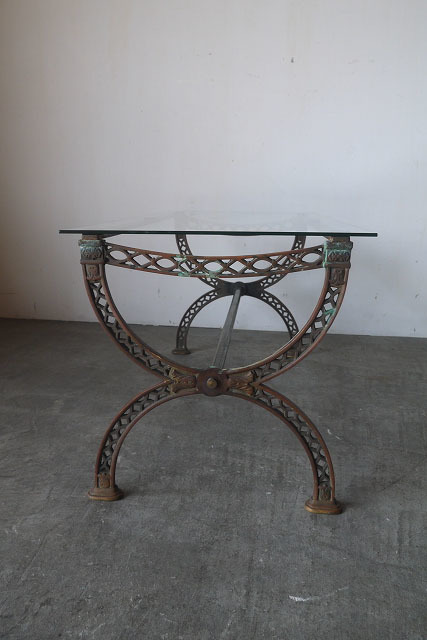  antique glass tabletop metal table [gost-13] inspection America /1900~20 period / equipment ornament / brass / interior miscellaneous goods / display furniture 