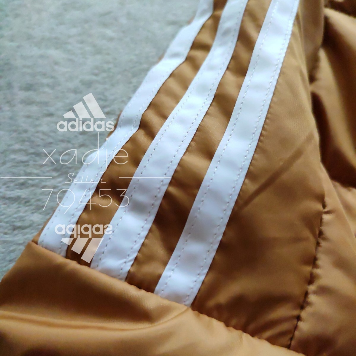 新品 正規品 adidas アディダス ダウン80 フェザー20 ダウンジャケット ベージュ 白 ロゴプリント 三本ライン入り 細見 2XO 3XL_画像5