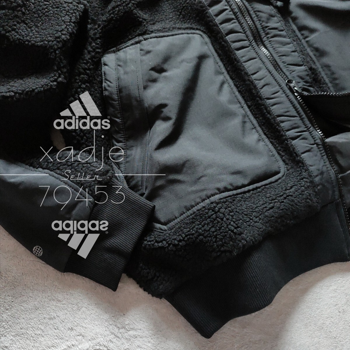 新品 正規品 adidas アディダス ボア ジャケット 黒 ブラック ロゴ 刺繍 プリント ゆるめ ダブルジップ L_画像5