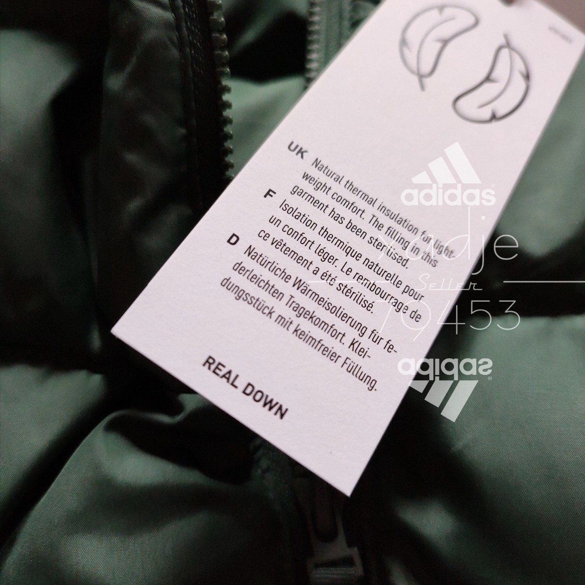 新品 正規品 adidas アディダス ダウン80 フェザー20 ダウンジャケット 緑 グリーン 白 ロゴプリント 三本ライン入り 細見 L_画像6