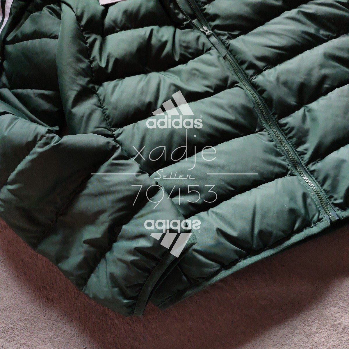 新品 正規品 adidas アディダス ダウン80 フェザー20 ダウンジャケット 緑 グリーン 白 ロゴプリント 三本ライン入り 細見 L_画像5