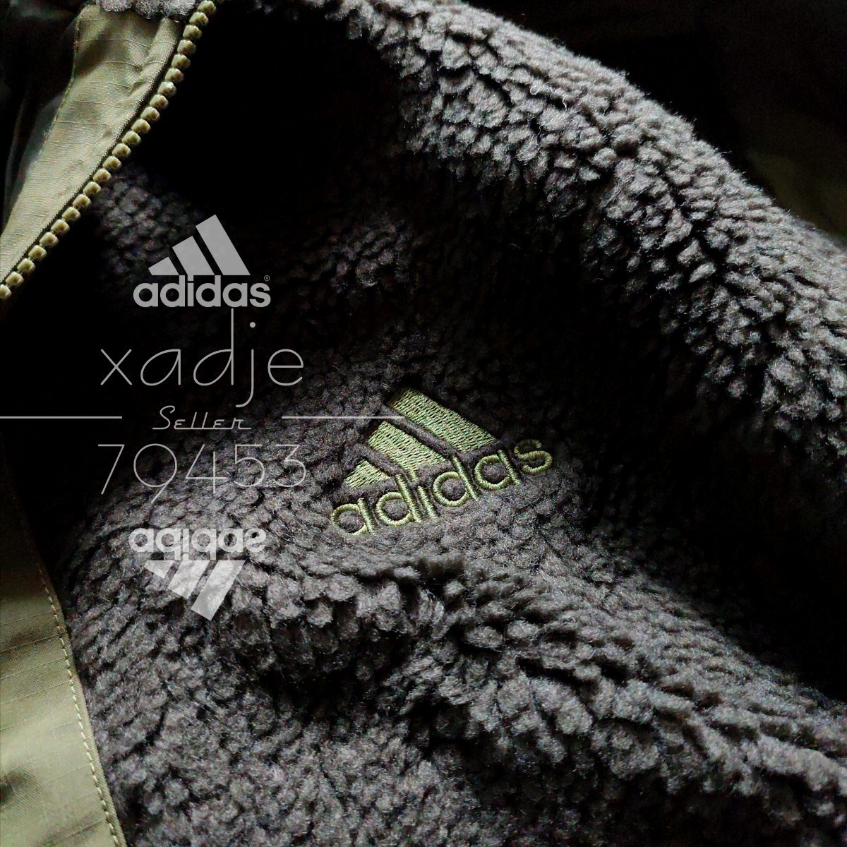 新品 正規品 adidas アディダス ボア ジャケット カーキ オリーブ ロゴ 刺繍 プリント ゆるめ ダブルジップ 2XL _画像3