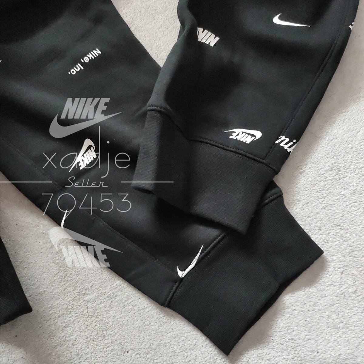 新品 正規品 NIKE Inc swoosh ナイキ 総柄 ロゴ プリント 上下セット パーカー パンツ セットアップ 黒 ブラック 白 裏起毛 2XL XXL_画像8