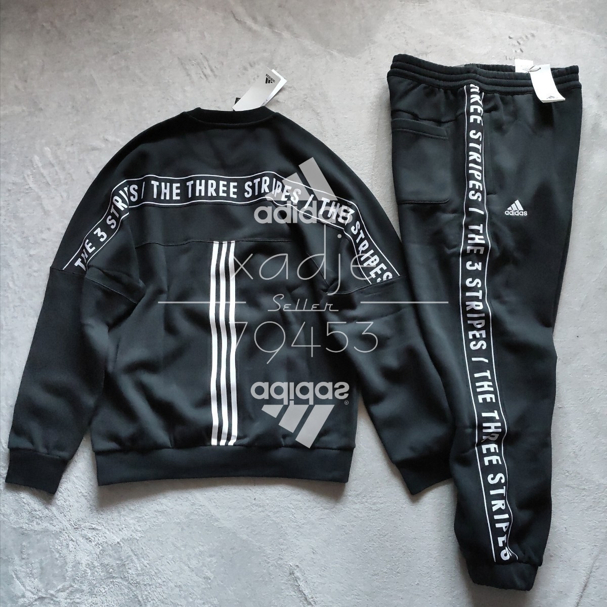 新品 正規品 adidas アディダス THREE STRIPES 上下セット セットアップ トレーナー スウェットパンツ 黒 ブラック 白 ホワイト 裏起毛 2XL_画像1