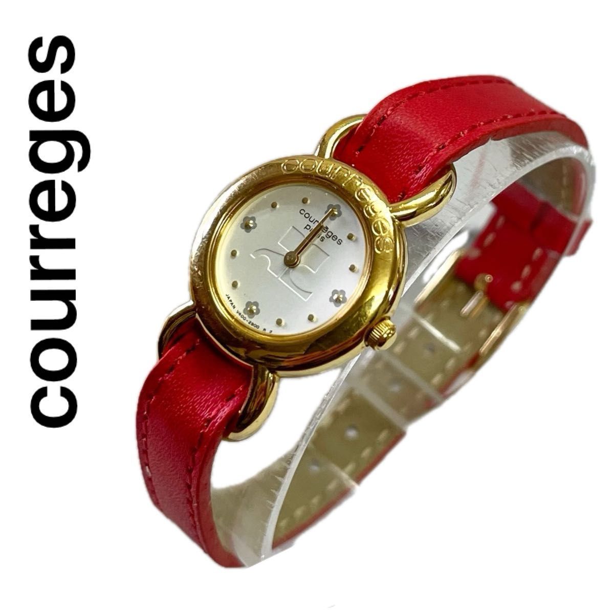 稼働　良品　courreges フラワーウォッチ　ゴールド　レッド　リボン　可愛い腕時計　グレージュ　レディース腕時計　