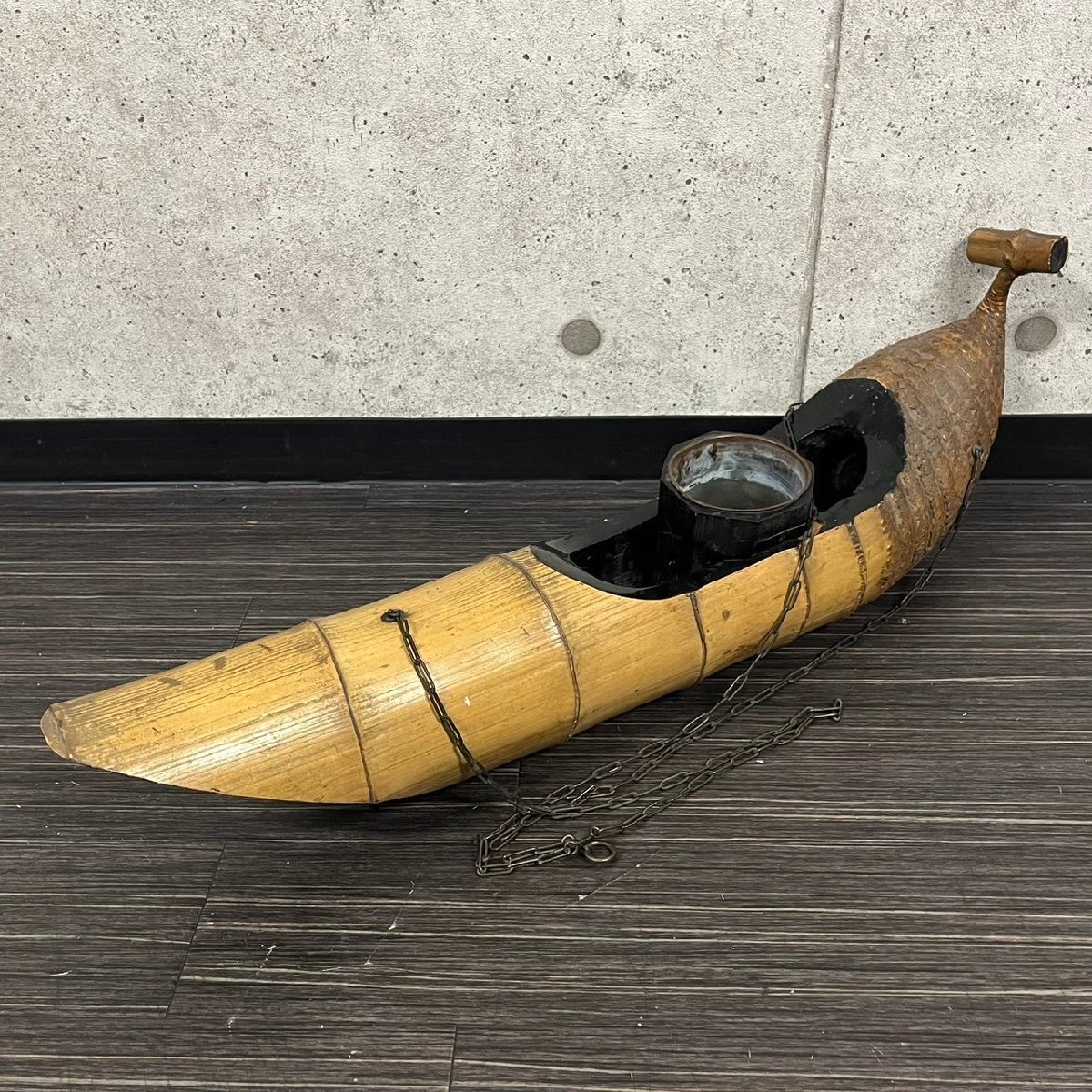 竹吊舟 竹製 花器 吊船 花生 花入 華道具 茶道具 古民具 古道具　122102w/T13（120）