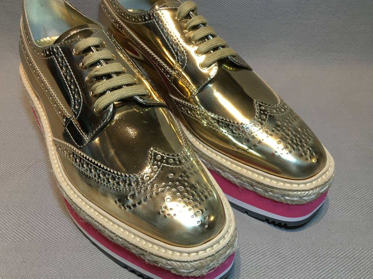 新品 プラダ 厚底 エスパドリーユ レザー ドレス シューズ 40.5 PRADA