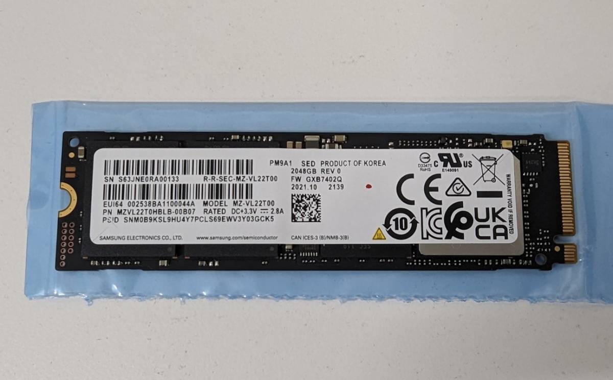 [使用時間0時間] NVMe 2TB◆SAMSUNG MZVL22T0HBLB-00B07(PM9A1) M.2 PCIe Gen4x4 内蔵SSD◆最大読込7000MB/s 最大書込5200MB/s_画像1