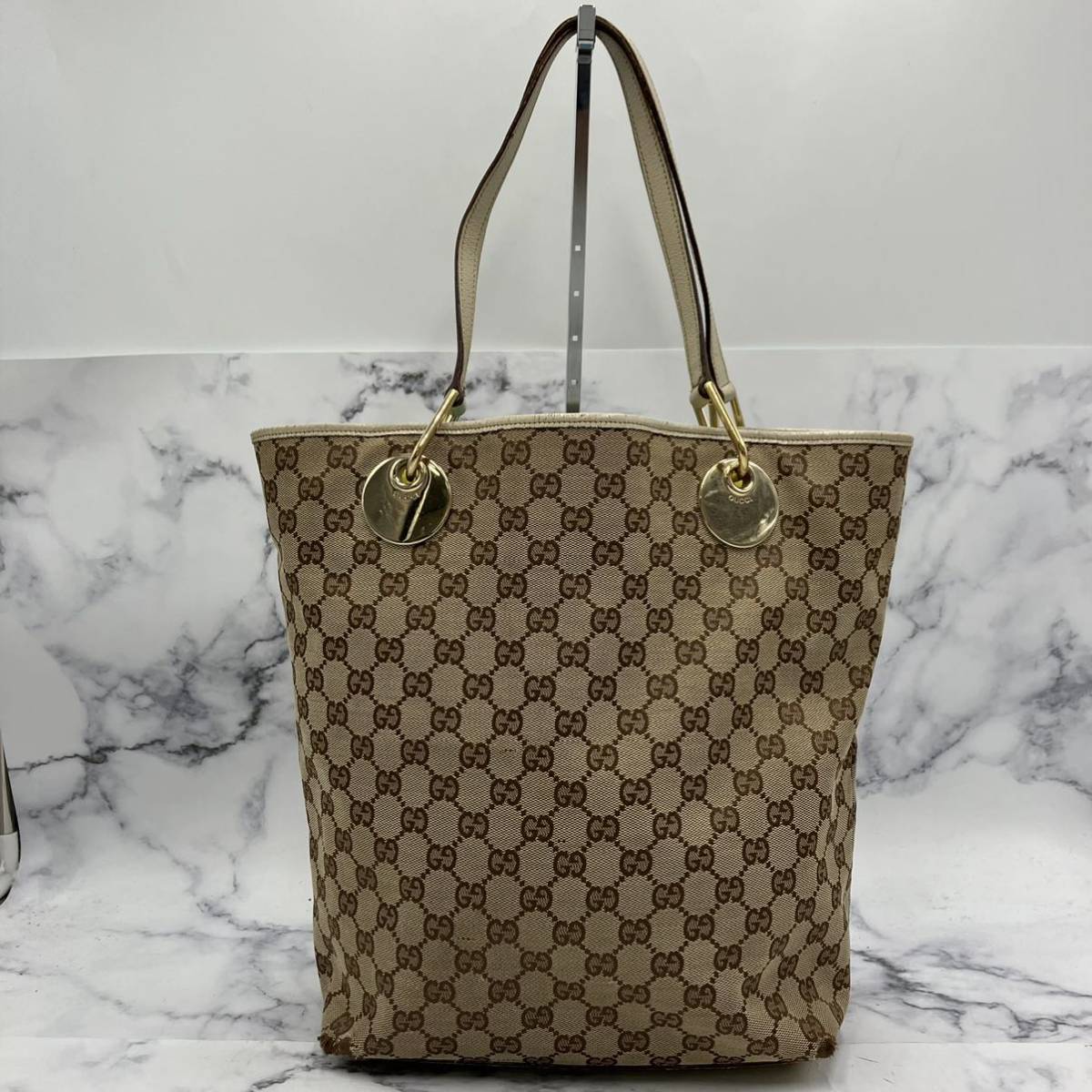 ◎【売り切り】GUCCI グッチ トートバッグ GGキャンバス 120836 002058 キャンバス×レザー ゴールド金具 レディース_画像1