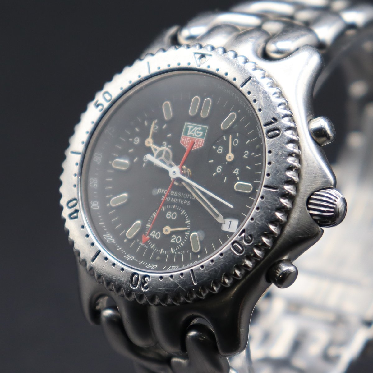 TAG HEUER タグホイヤー プロフェッショナル セルシリーズ CG1110-0 クォーツ 黒 クロノ ジャンク スモセコ デイト 純正ブレス メンズ_画像1