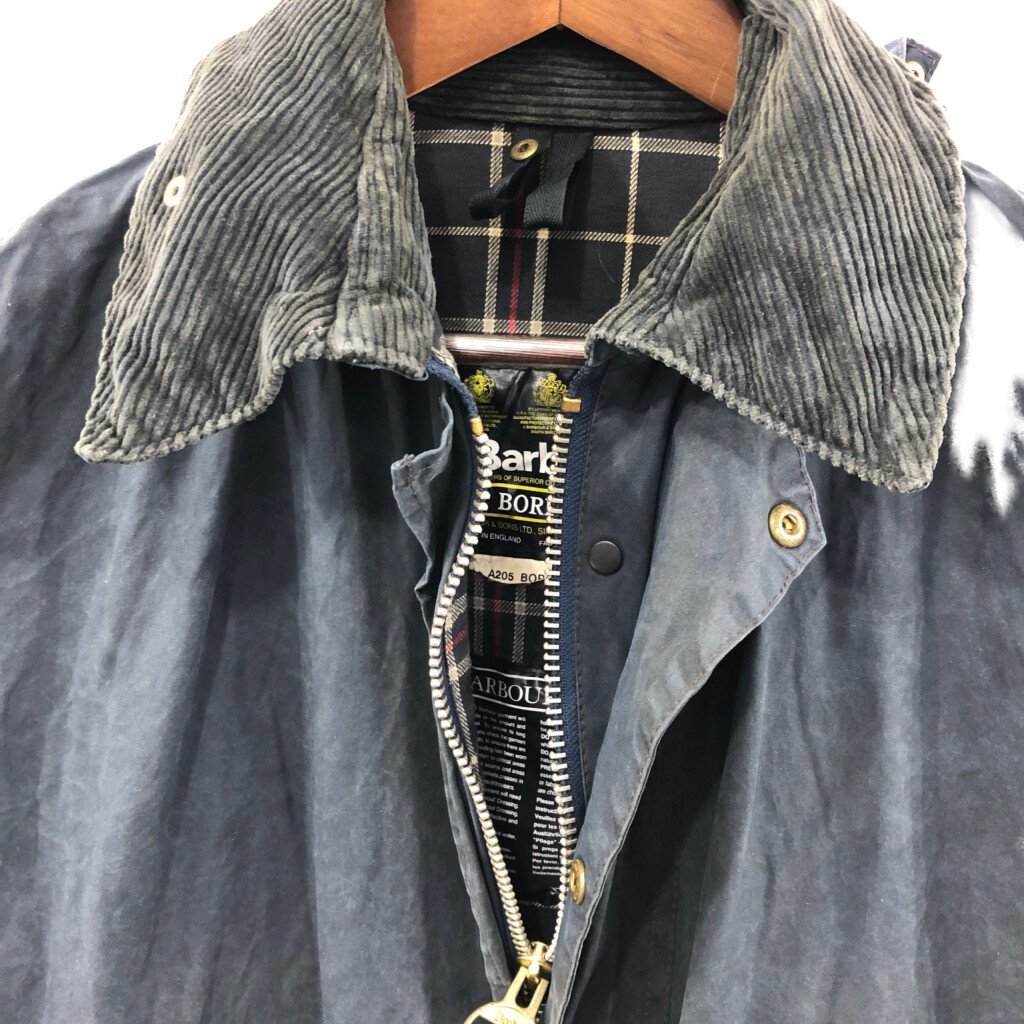 90年代 Barbour バブアー BORDER オイルドジャケット 防寒 ネイビー (メンズ L相当) 中古 古着 P1681_画像4