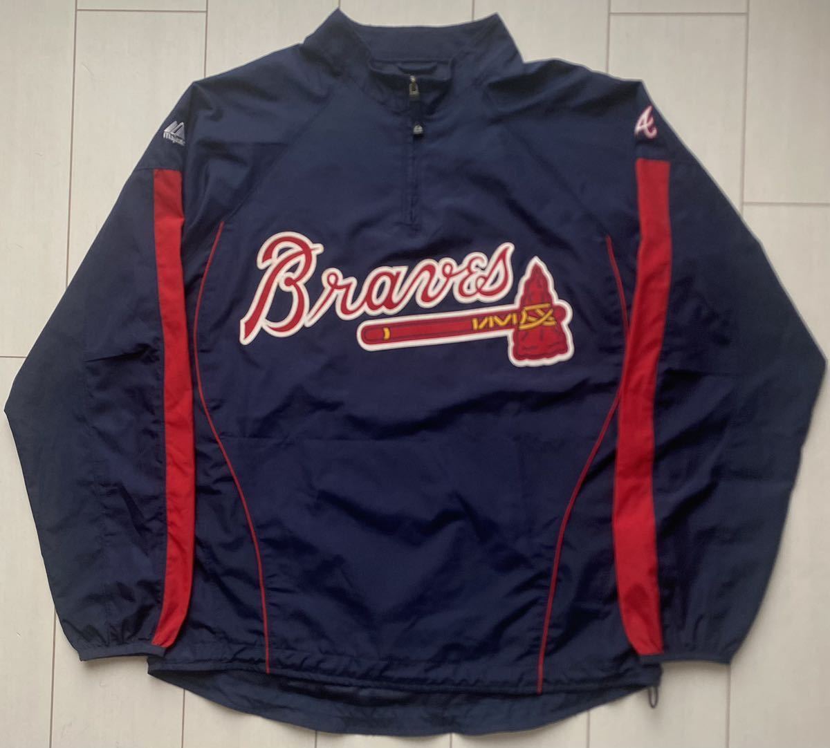 送料無料 未使用 美品 majestic マジェスティック MLB ATLANTA BRAVES pullover プルオーバー アノラック ジャケット cool base navy 紺 XL_画像2