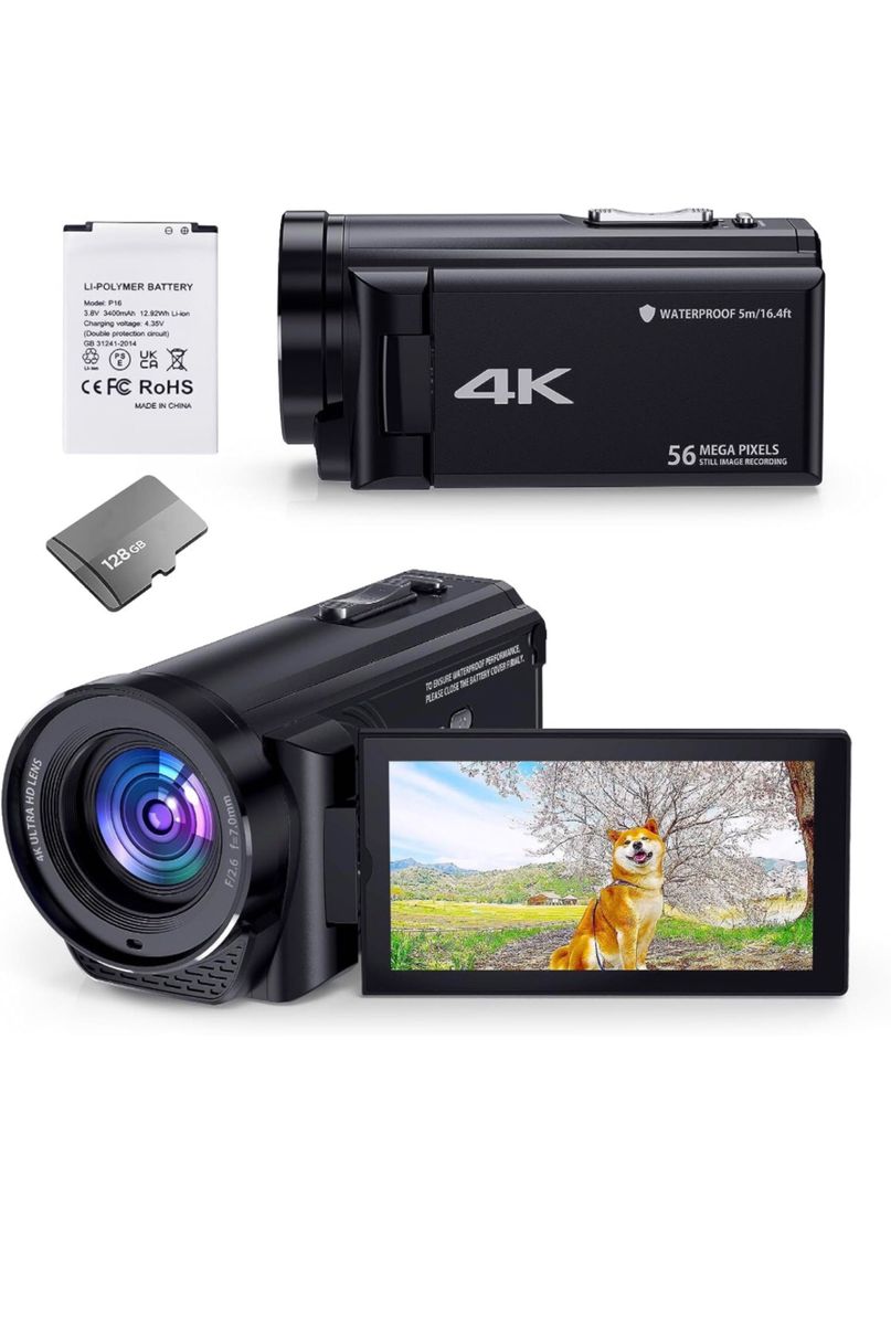 コンパクトビデオカメラ 4k 小型 5600万画素 本機防水 防塵 耐衝撃 充電式 日本語説明書 128gカード付属