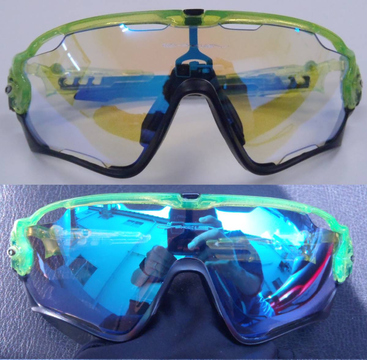 【定形外送料込】【ブルーミラー調光レンズ】ジョウブレイカー用フォトクロミックレンズ (オークリー PHOTOCHROMIC JAWBREAKER クリア 青 )_上が調光前クリアー、下が調光後ミラー