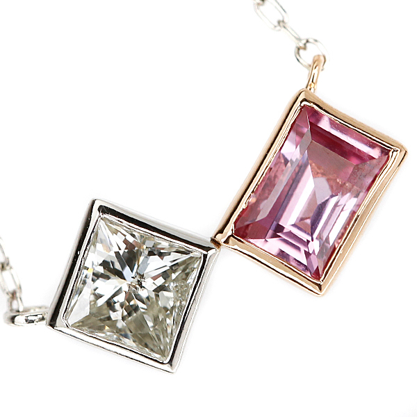  pink sapphire necklace 0.44ct diamond Pt900 K18PG Princess cut LASOMA beautiful goods used SH96357