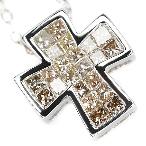 日本正規流通品 レ・エッセンシャル ブラウンダイヤモンド ネックレス K18WG 十字架 クロス LES ESSENTIELLES 美品 SH95757