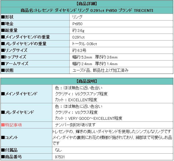 トレセンテ ダイヤモンド リング 0.291ct Pt950 ブランド TRECENTI 送料無料 美品 中古 SH97531_画像6