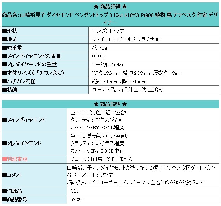 山崎裕見子 ダイヤモンド ペンダントトップ K18YG Pt900 植物 作家 送料無料 美品 中古 SH98325_画像5