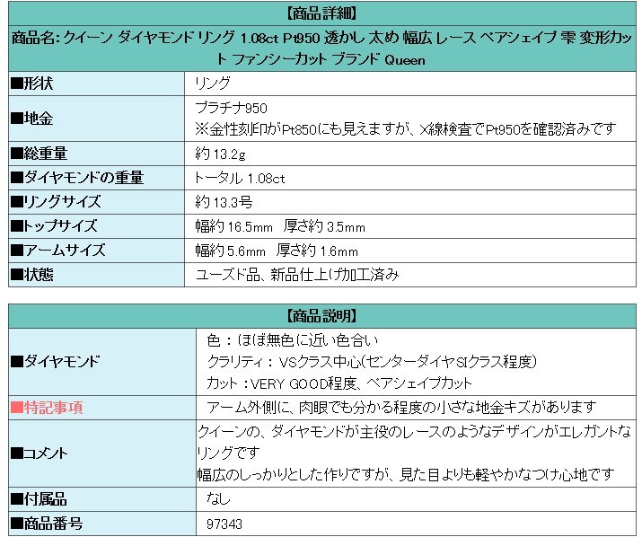 年末大感謝祭【最大46%OFF】クイーン ダイヤモンド リング Pt950 太め 幅広 レース ペアシェイプ 雫 Queen 送料無料 美品 中古 SH97343_画像6