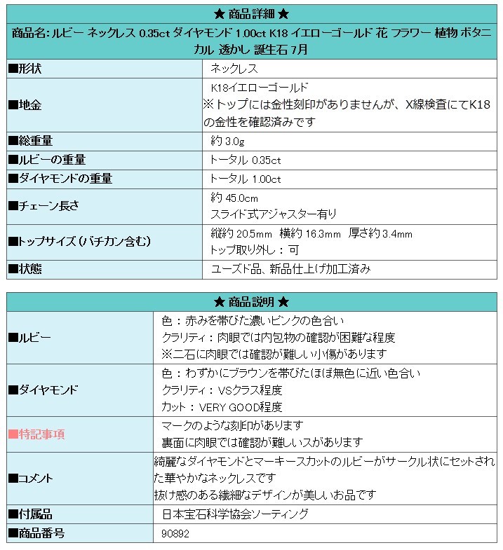 年末大感謝祭【最大50%OFF】ルビー ネックレス 0.35ct ダイヤモンド 1.00ct K18YG フラワー 植物 ボタニカル 透かし 美品 SH90892 目玉商品_画像7